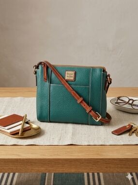 Dooney & Bourke Lexington Green Pebbled Leather Crossbody with Brown Trim